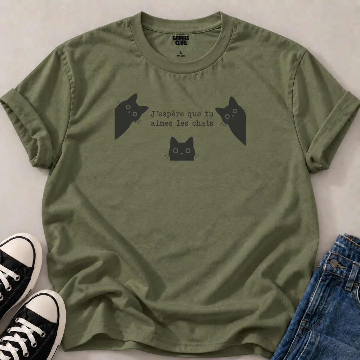 T shirt Accro aux chats — Military Green