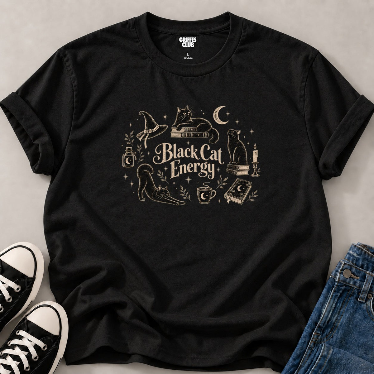 T shirt Black Cat Energy mystique — Black