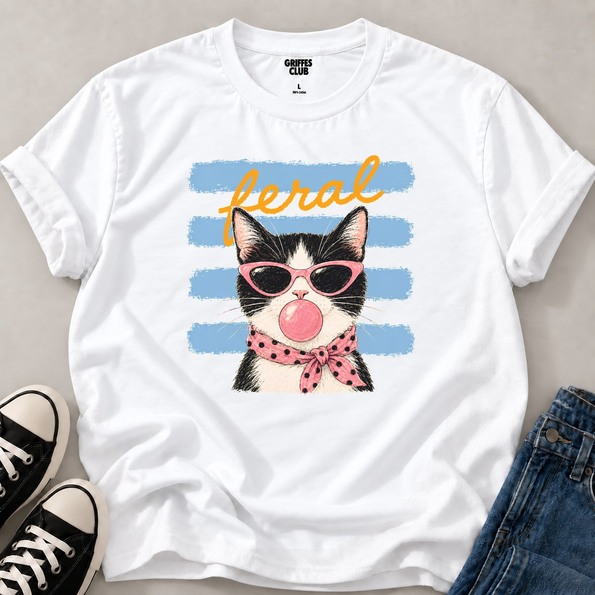 T shirt Chat Feral lunettes — White