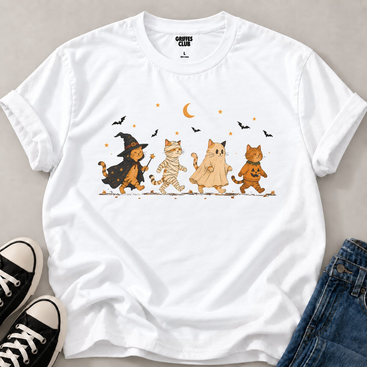 T shirt Chat Halloween lune fantome — White
