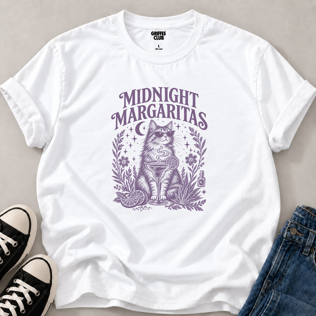 T shirt Chat boisson lune florale — White