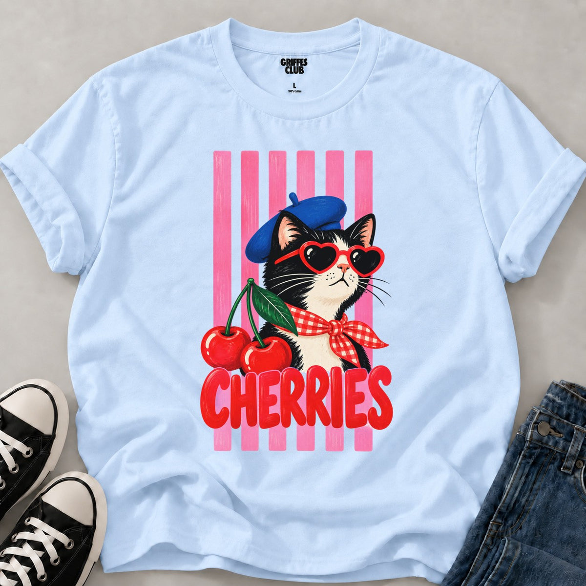 T shirt Chat cerises parisiennes — Light Blue