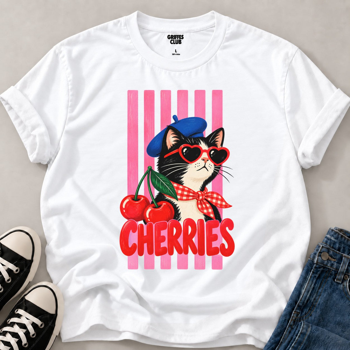 T shirt Chat cerises parisiennes — White