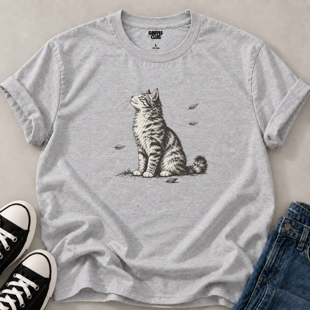 T shirt Chat feuilles au vent — Sport Grey