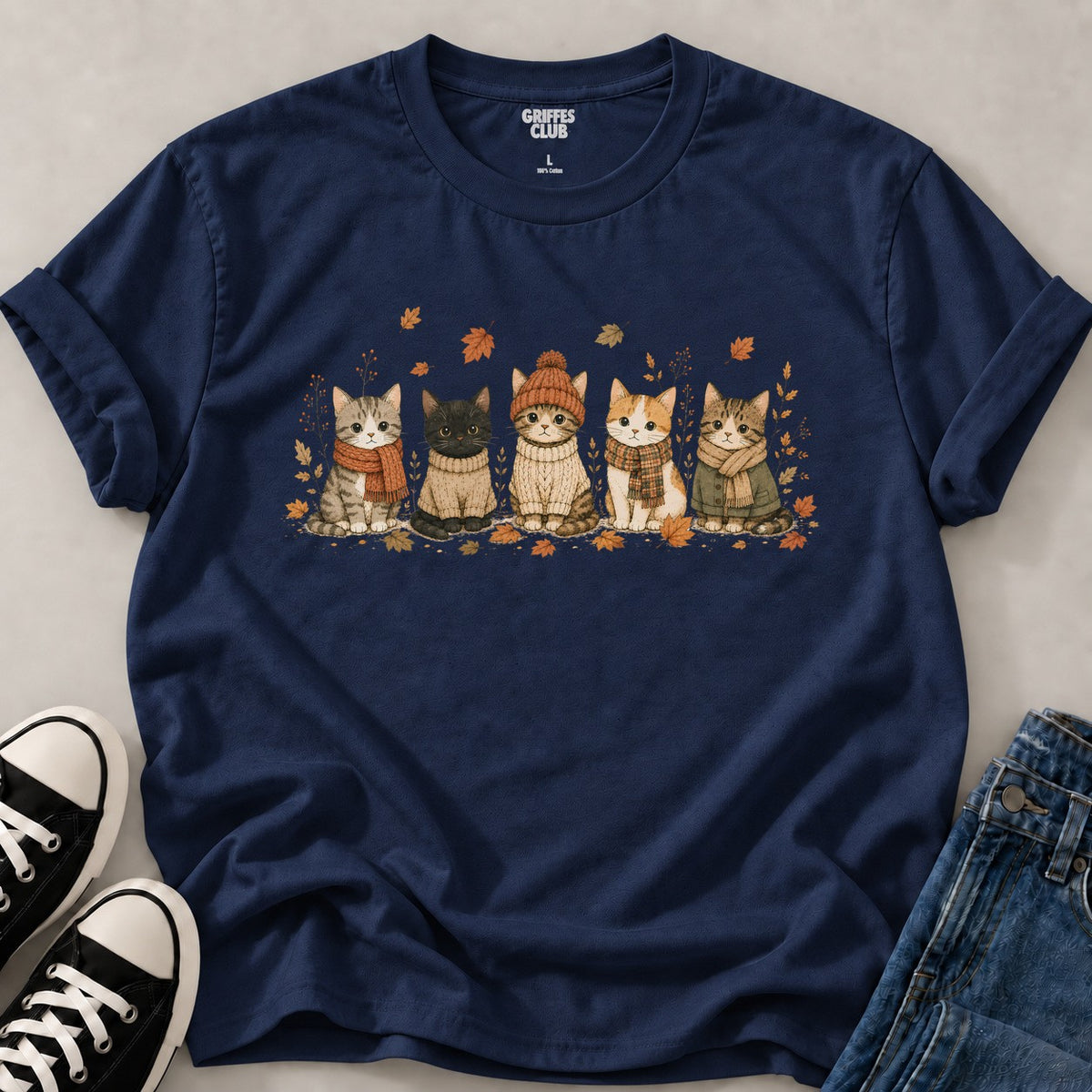 T shirt Chat feuilles automne — Navy