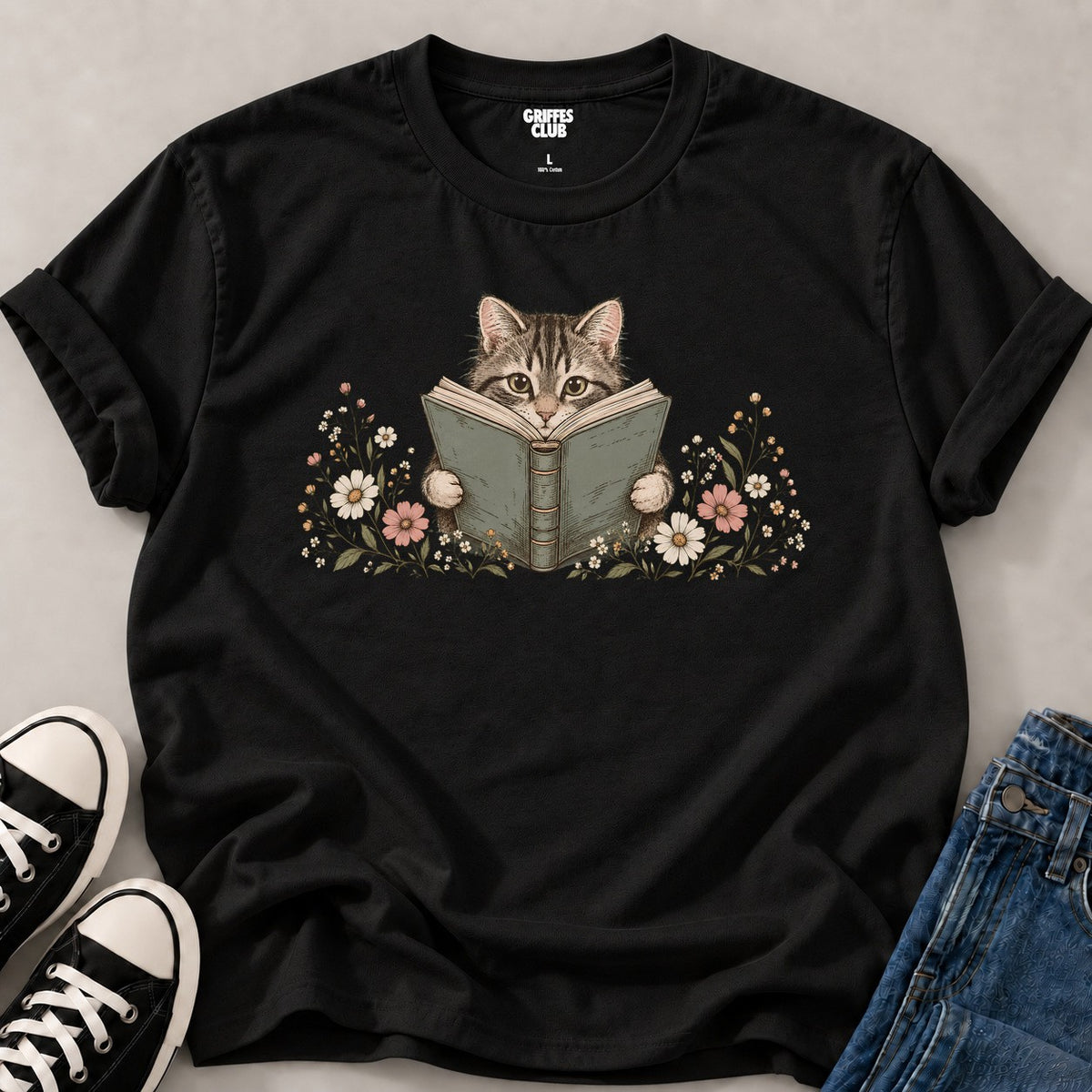 T shirt Chat lecteur botanique — Black
