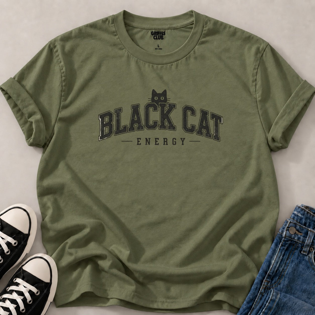 T shirt Chat lettrage retro — Military Green