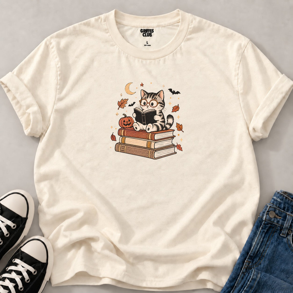 T shirt Chat livres citrouille lune — Natural