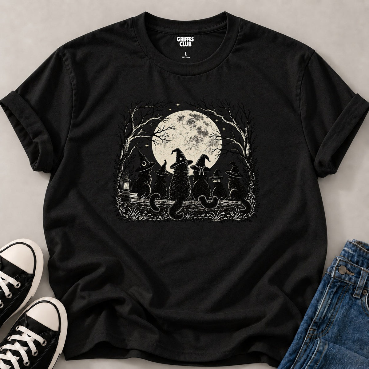 T shirt Chat lune foret mystique — Black
