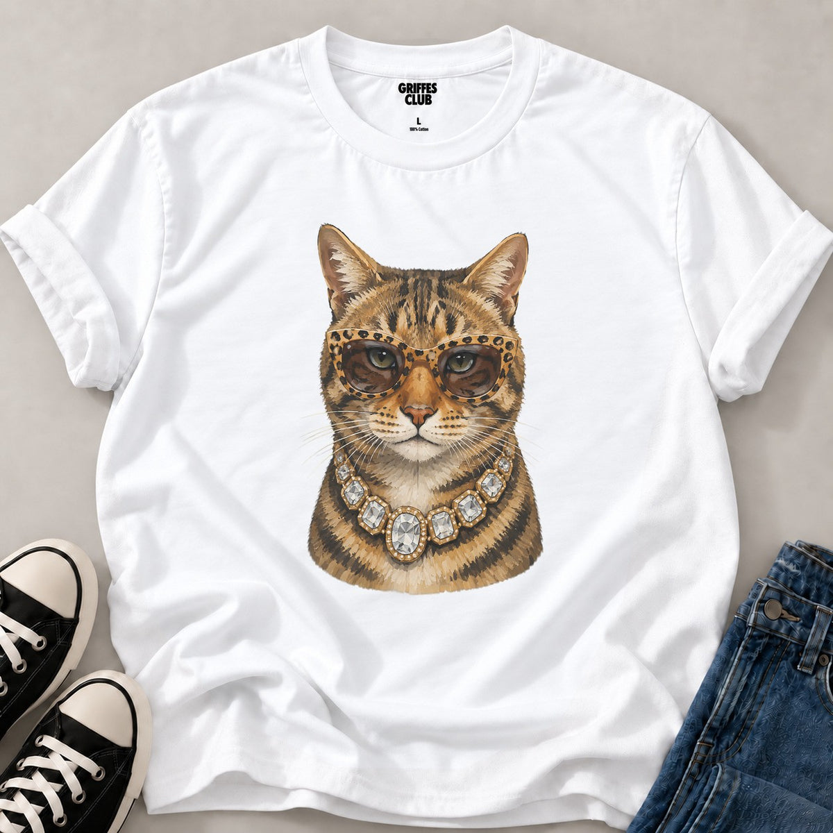 T shirt Chat lunettes collier — White