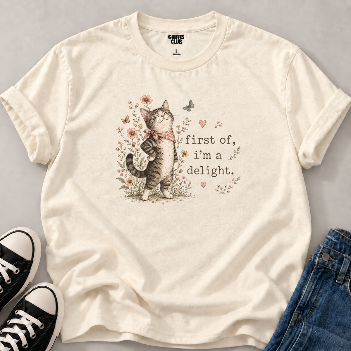 T shirt Chat papillon floral — Natural