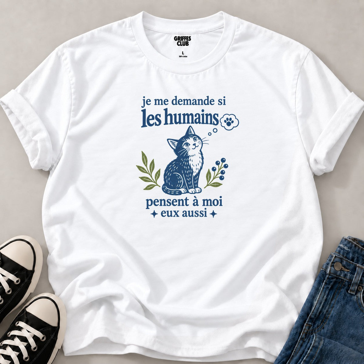 T shirt Chat penseur — White