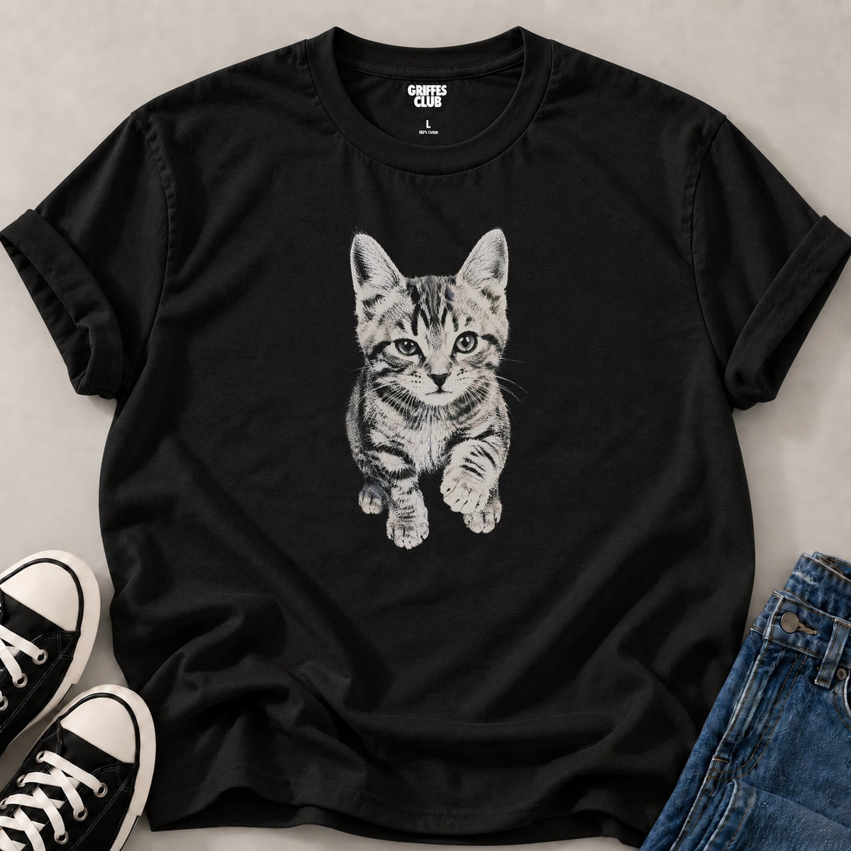 T shirt Chat portrait dessin — Black