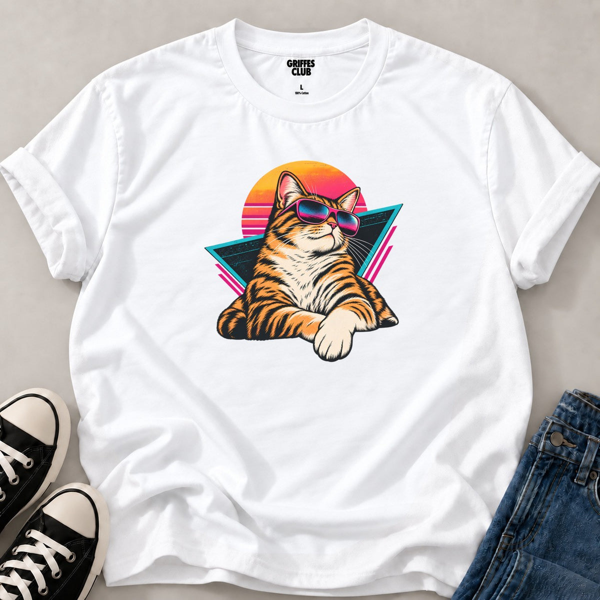 T shirt Chat retro lunettes — White