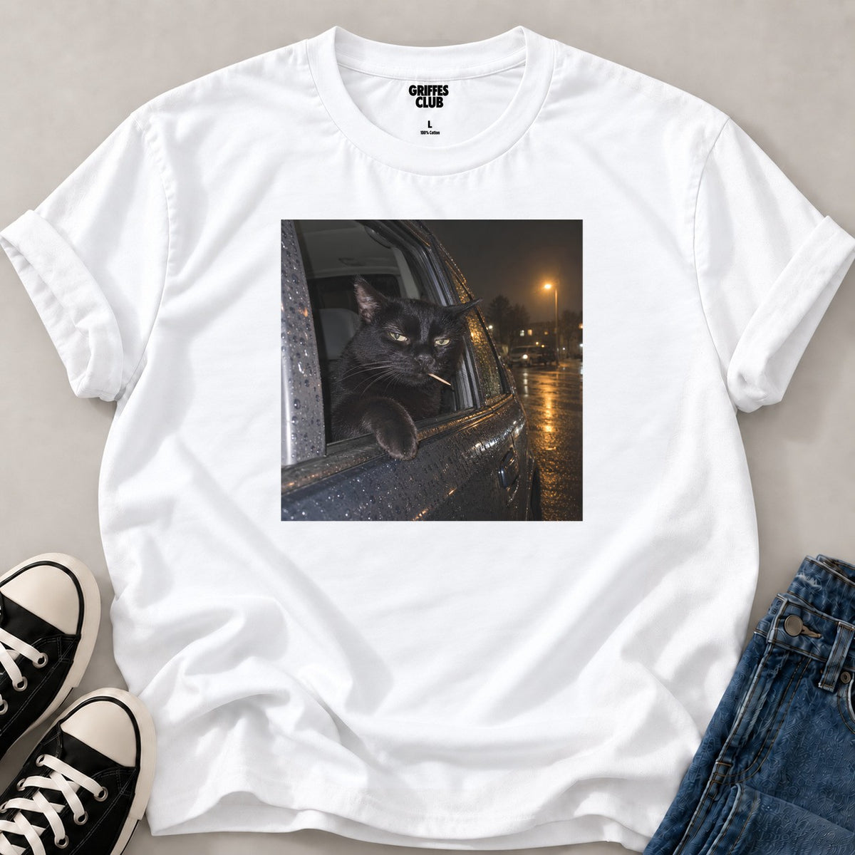 T shirt Chat voiture pluie — White