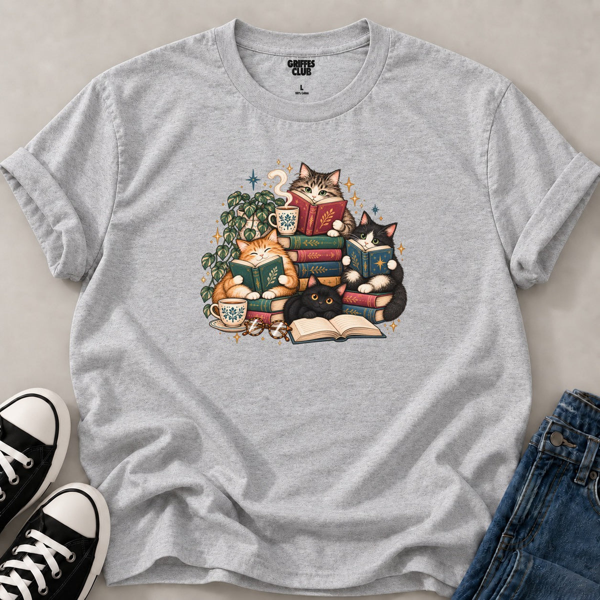 T shirt Chats et livres cosy — Sport Grey
