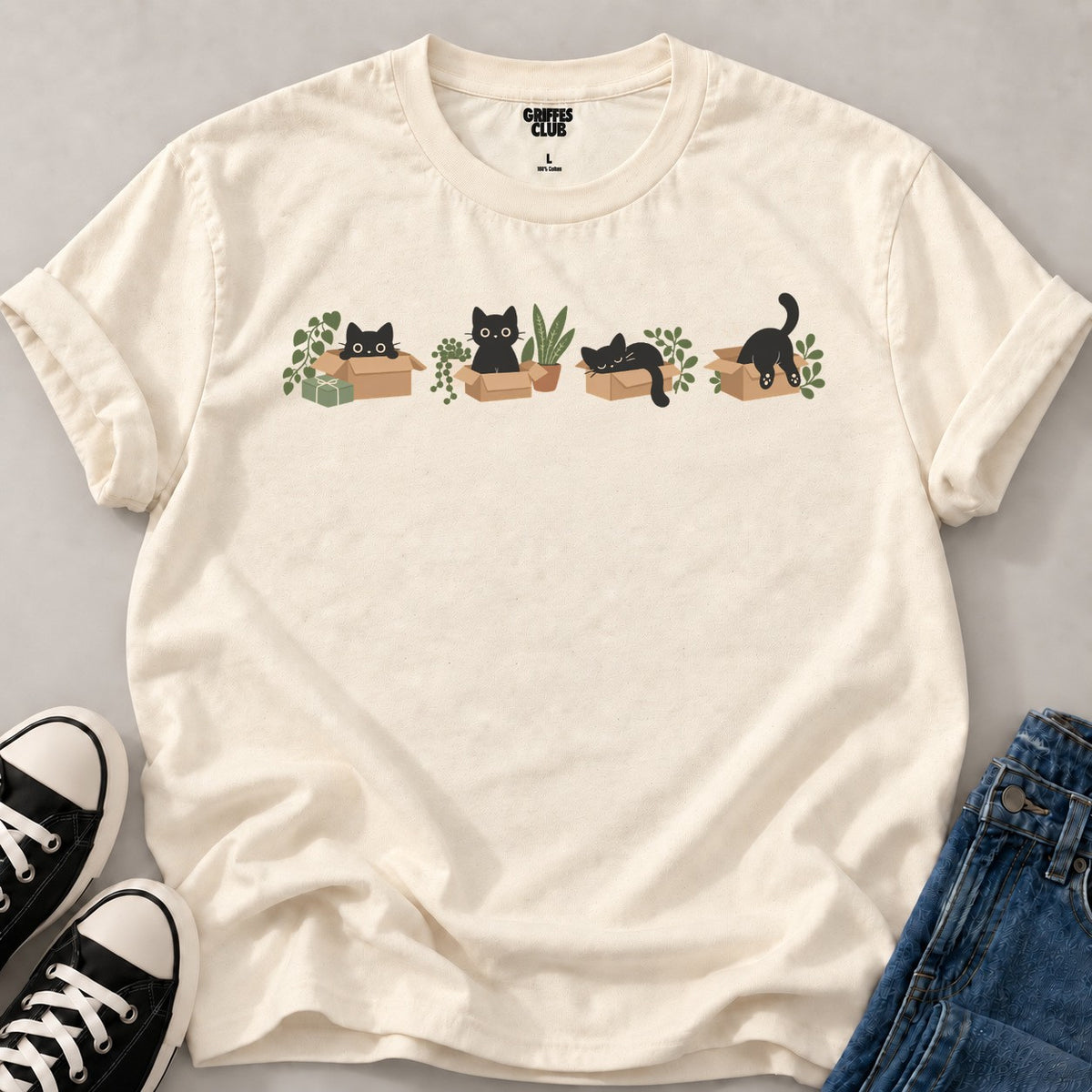 T shirt Chats le bonheur est dans le carton — Natural