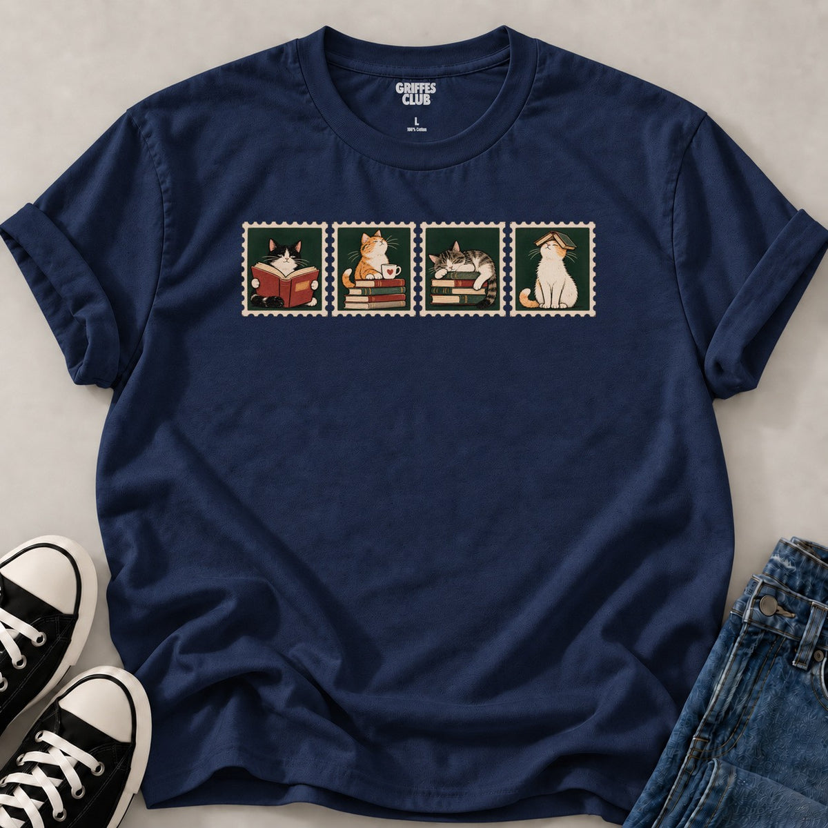 T shirt Chats lecteurs rétro — Navy