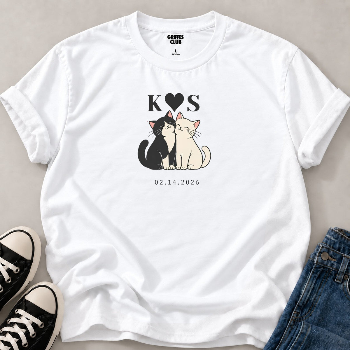 T shirt Chats mariage initiales date — White