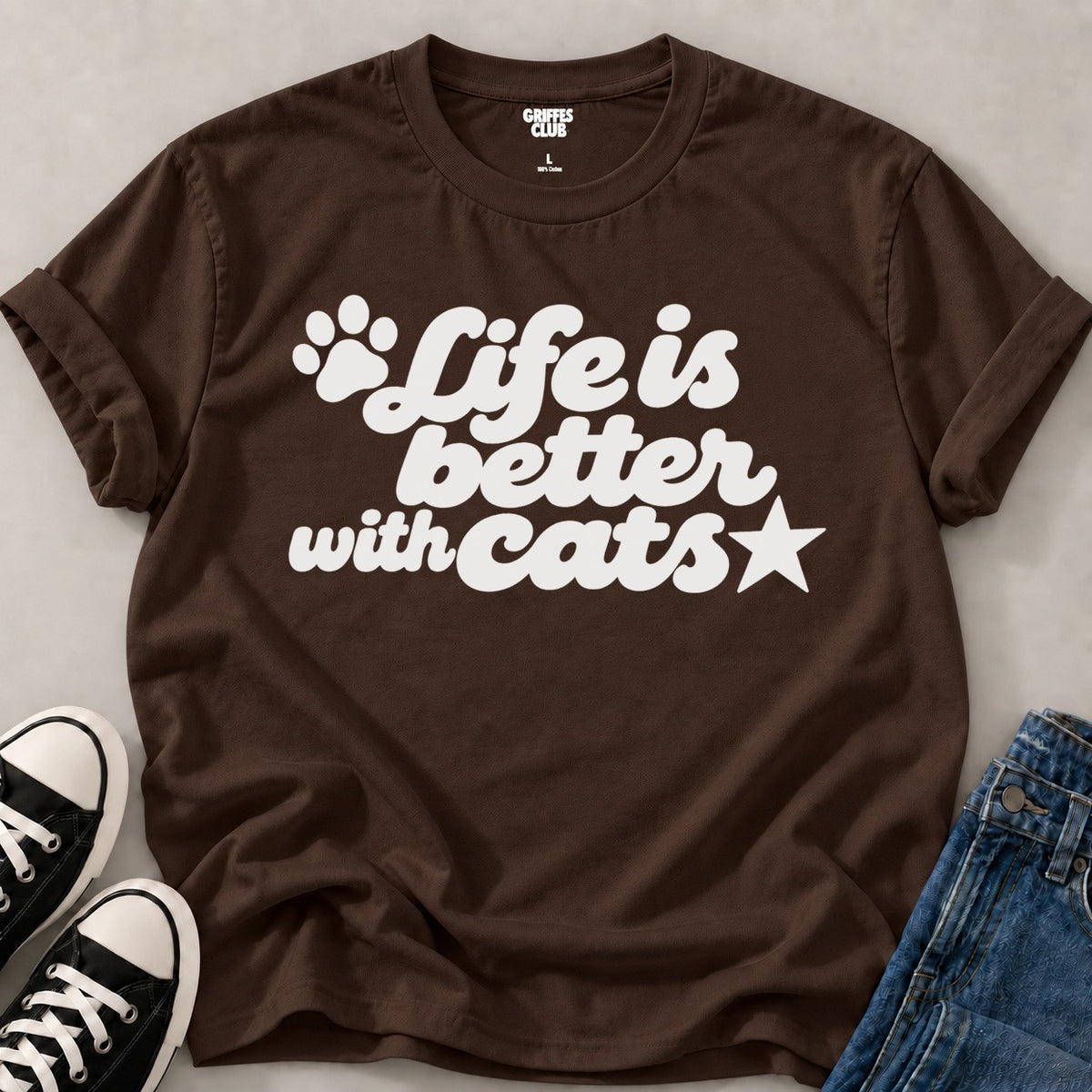 T shirt Life is Better with Cats — Dark Chocolate