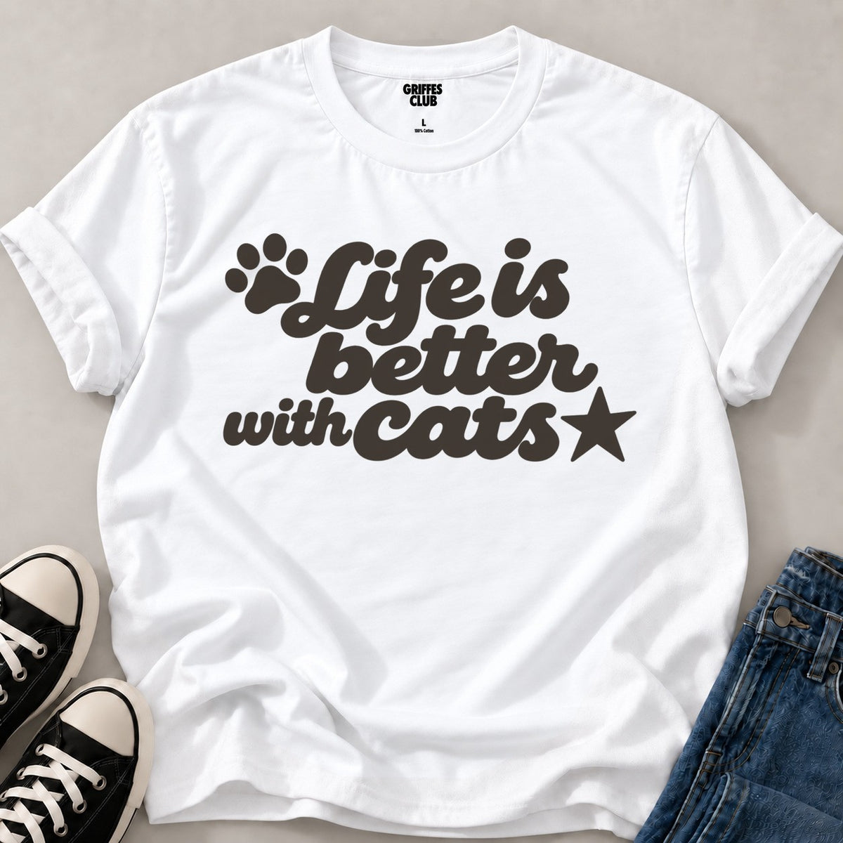 T shirt Life is Better with Cats — White