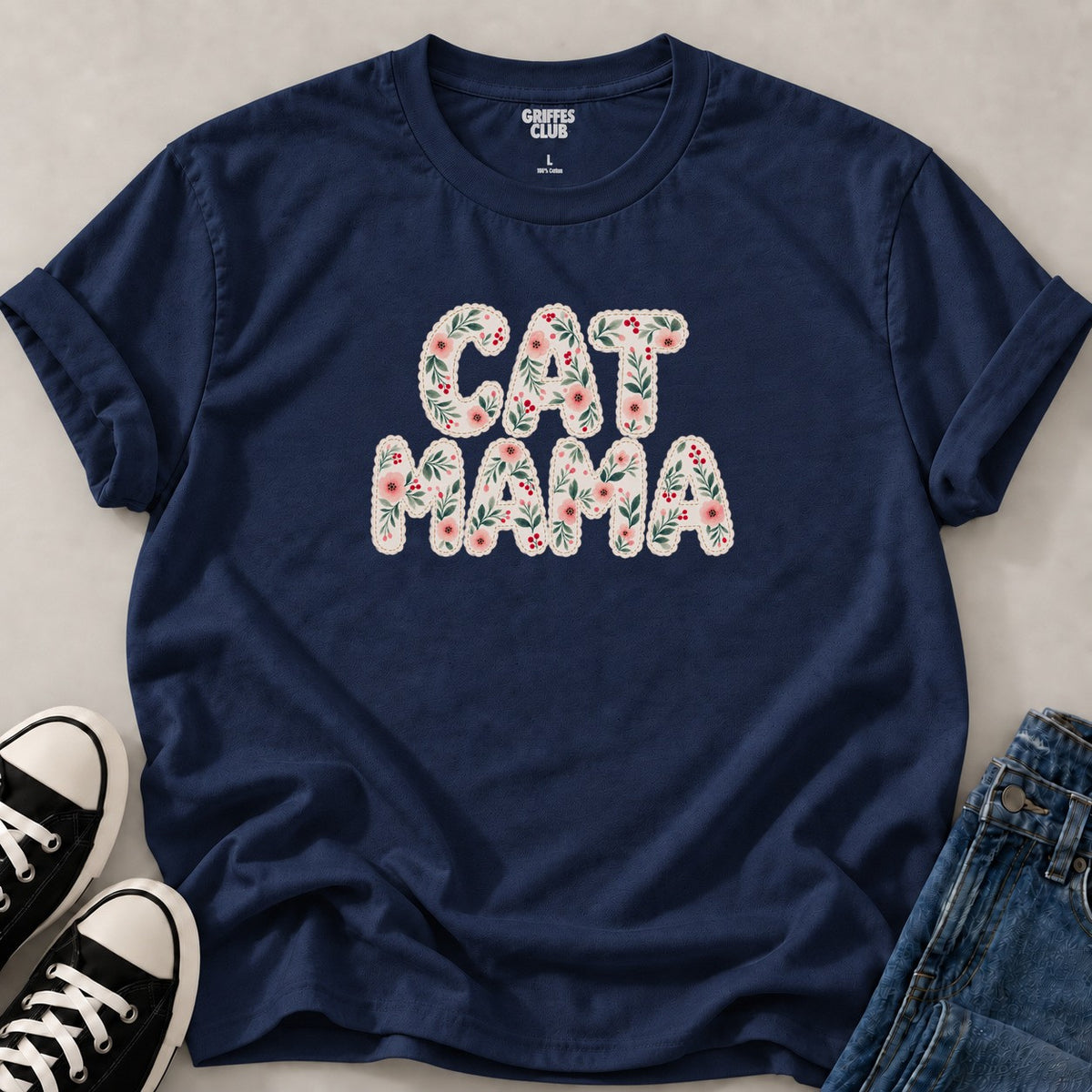 T shirt Maman chat floral — Navy