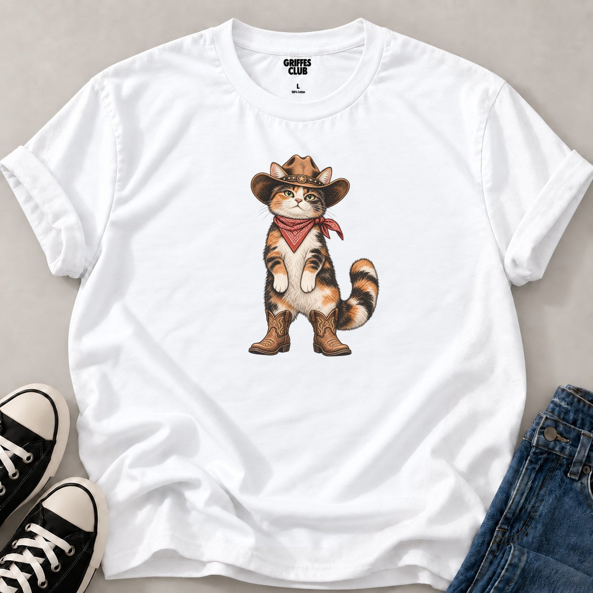 T-shirt_Chat_cowboy — White