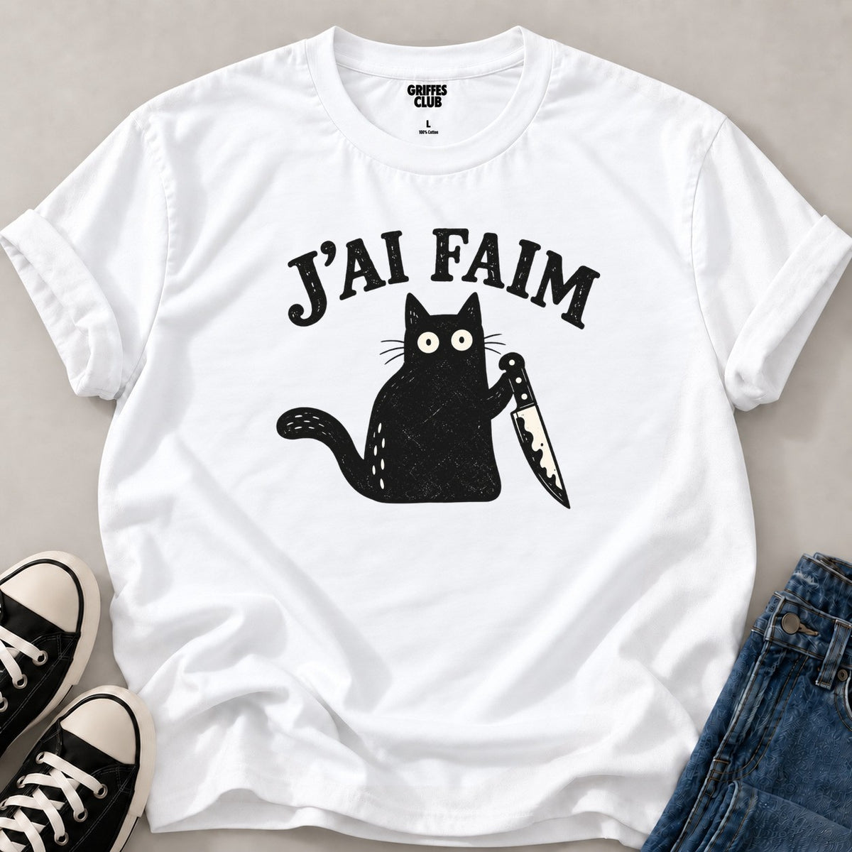 T-shirt_Chat_humour_noir_jai_faim — White