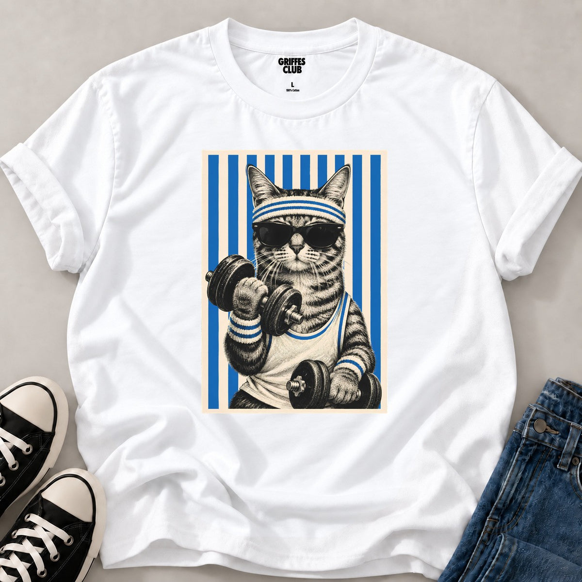 T-shirt_Chat_fitness_retro — White
