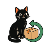 Chat GRIFFES CLUB avec colis et flèche de retour.